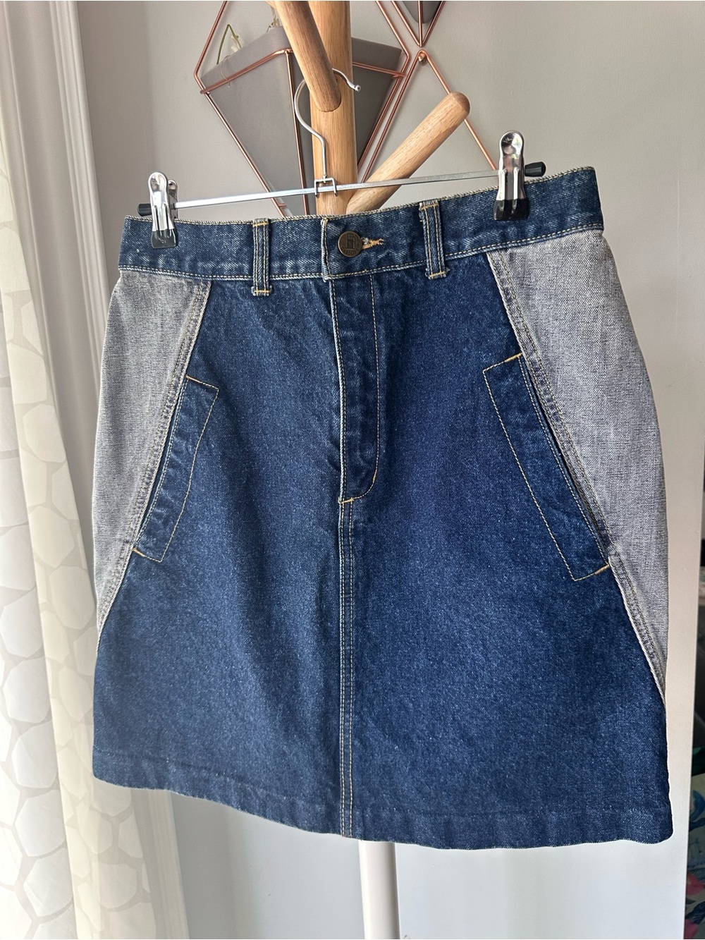 VINTAGE 90s Gasoline Two-Tone Denim Jean Mini Skirt Blue High-Waist Size Small